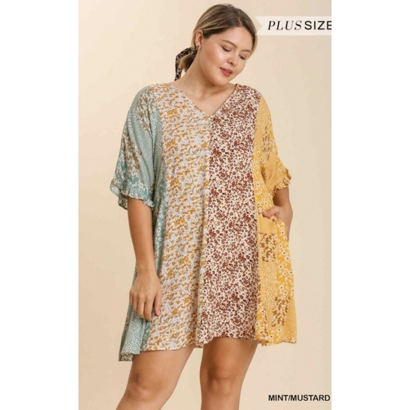 LAST ONE! NEW Umgee Plus Mixed Floral Print Ruffle Dress Pockets - Picture 6 of 12